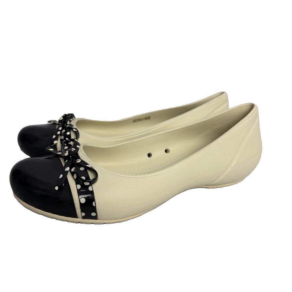 Crocs Cap Toe Bow Ballet Flats Womens Sz 9 Off White/Black Slip On Comfort Shoes